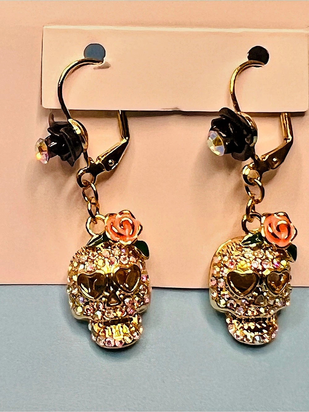 Betsey Johnson Crystal Sugar Skull Drop Earrings Pink Rose Accents Gold-Tone NWT